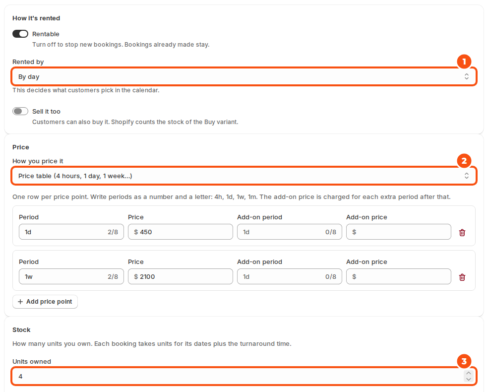Rental Settings for a party tent with the three questions marked: Rented by set to By day, a price table with 1 day and 1 week prices, and 4 units owned