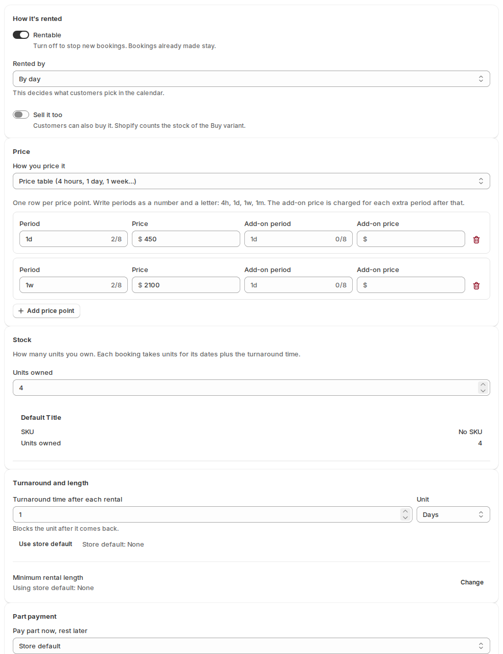 Rental Settings page in the app for a party tent: Rentable switch on, Rented by By day, a price table with 1 day and 1 week price points, 4 units owned and a 1-day turnaround time