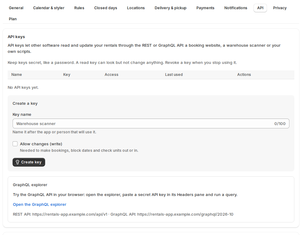 Settings API with the API keys list, the Create a key form with a key name and the Allow changes (write) option, and the GraphQL explorer link with the REST and GraphQL addresses