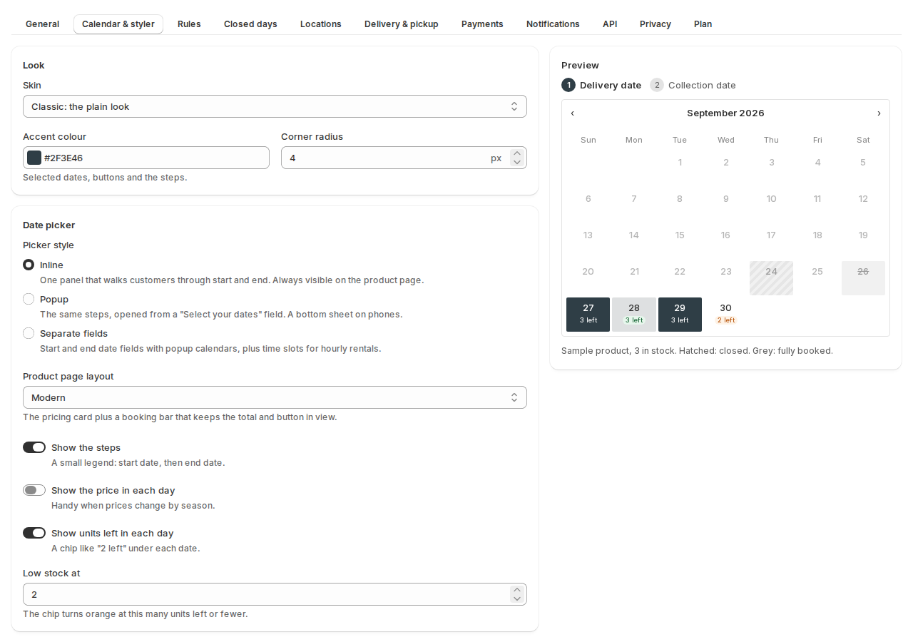 Calendar and styler settings in the app with the Classic skin, an accent colour, the Inline picker style, the Modern product page layout, show units left switched on, and a live preview of the calendar with Delivery date and Collection date steps