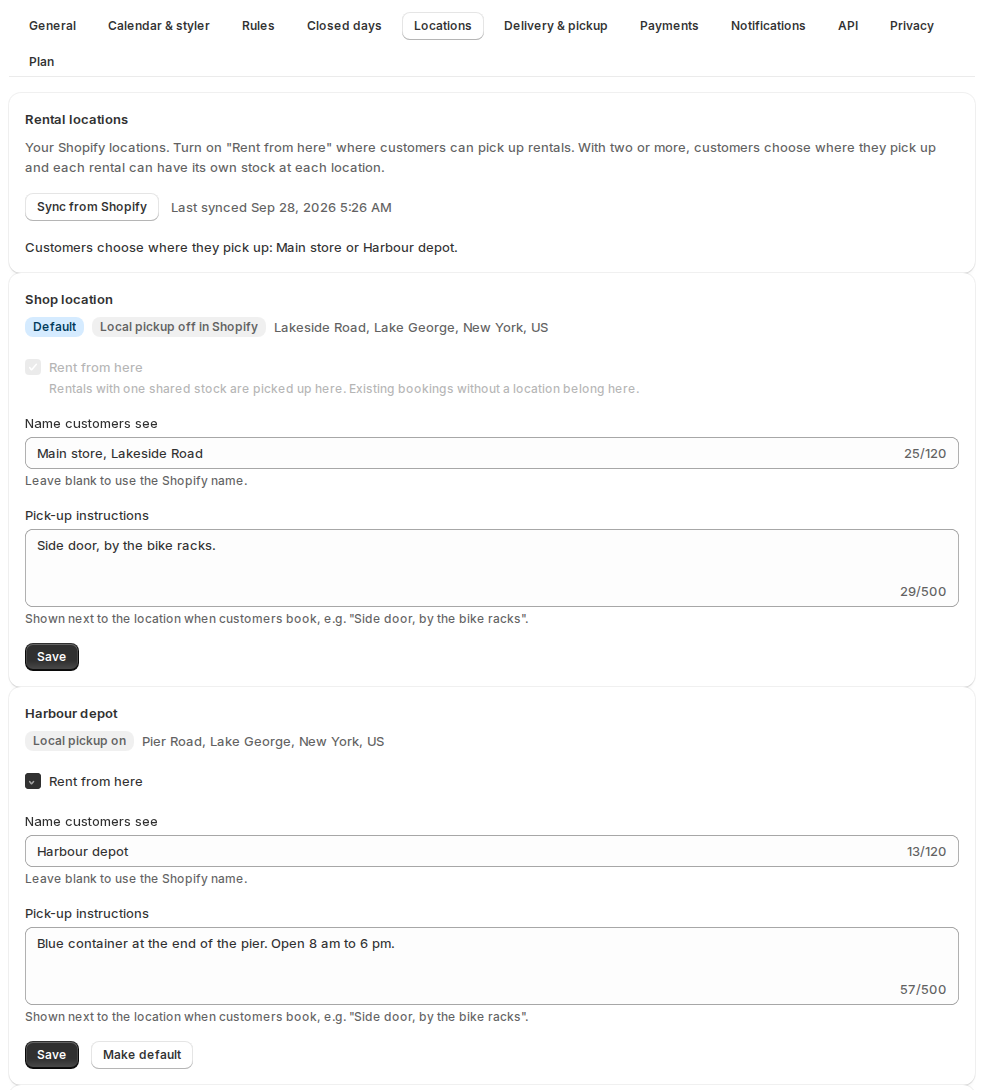 Settings Locations with two Shopify locations set to Rent from here: the main store with side-door pick-up instructions and a harbour depot with its own name and instructions