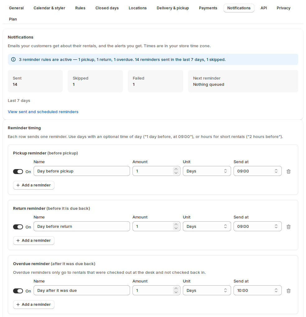 Settings Notifications with the reminder summary (sent, skipped, failed, next reminder), and the reminder timing rows for the pickup, return and overdue reminders with name, amount, unit and send time
