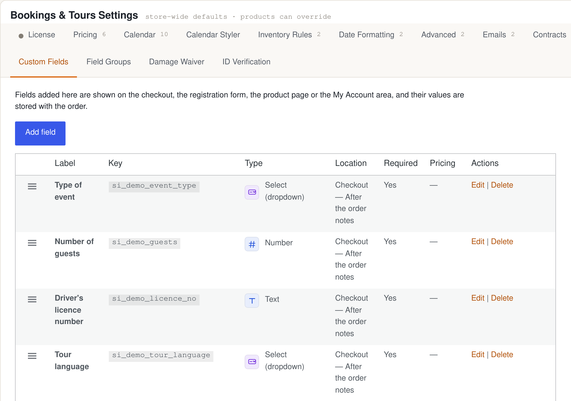 List of custom fields for a rental store with a coloured icon per field type: text, number, select, checkbox, date and time
