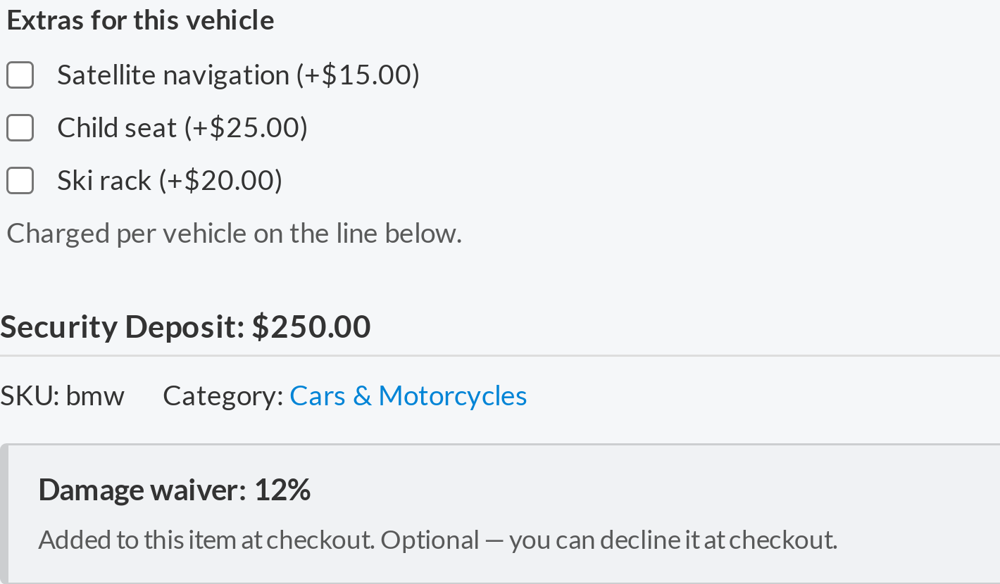 Rental product page showing priced extras as custom fields, a security deposit and a damage waiver notice before the customer books