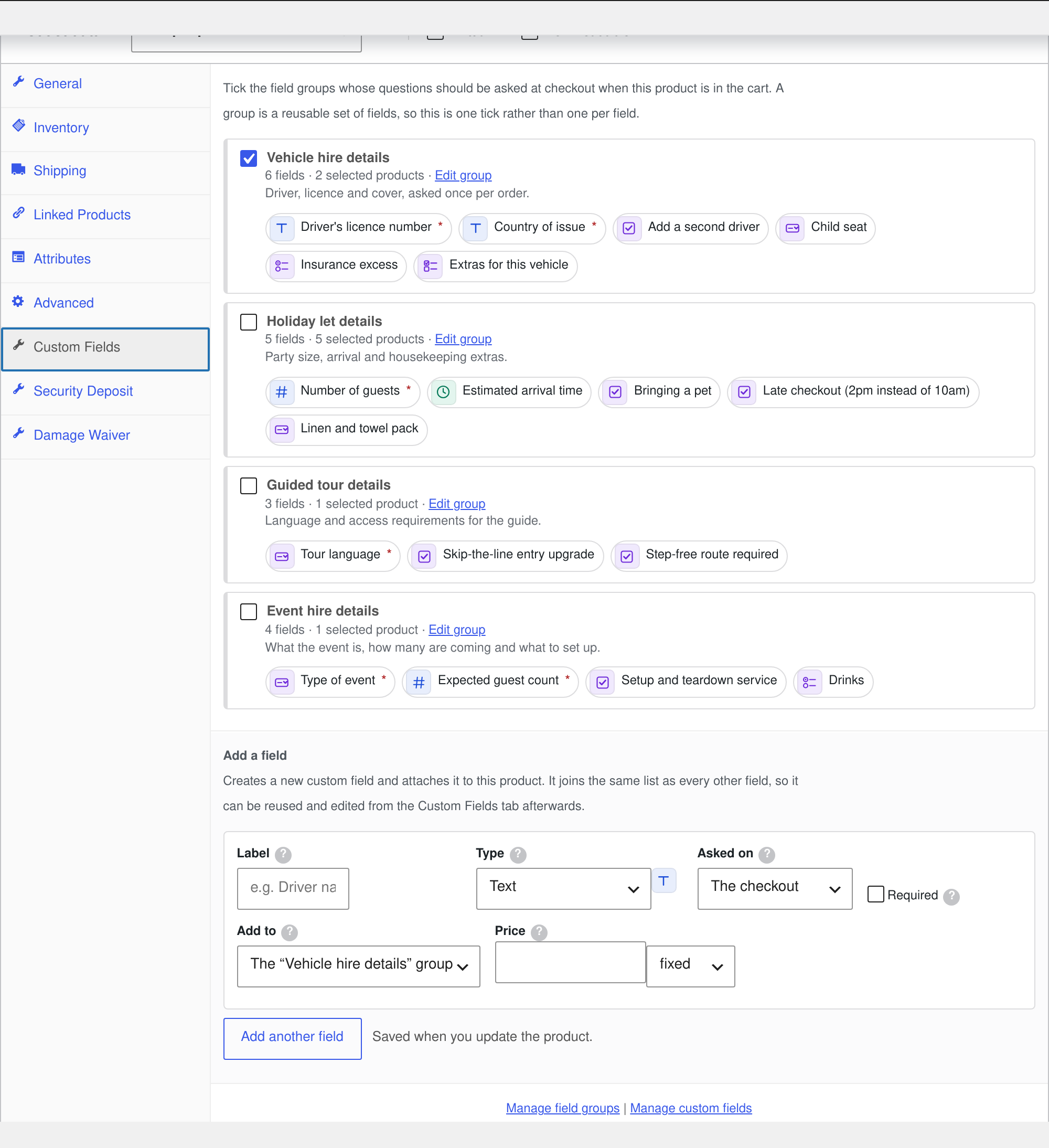 The Custom Fields tab on a rental product edit screen, applying a field group of hire questions to the product