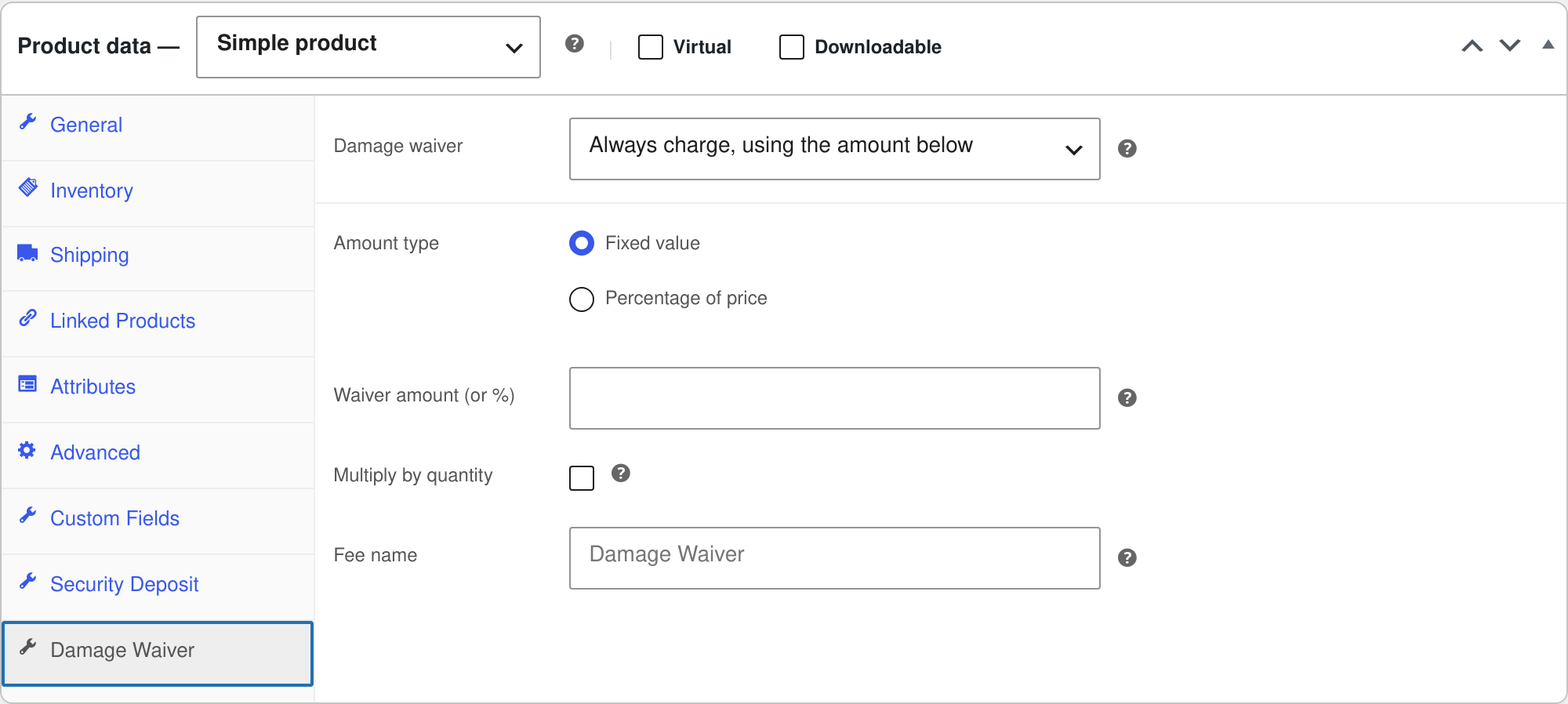 The Damage Waiver tab on a rental product, set to inherit, override with its own amount, or never charge a waiver