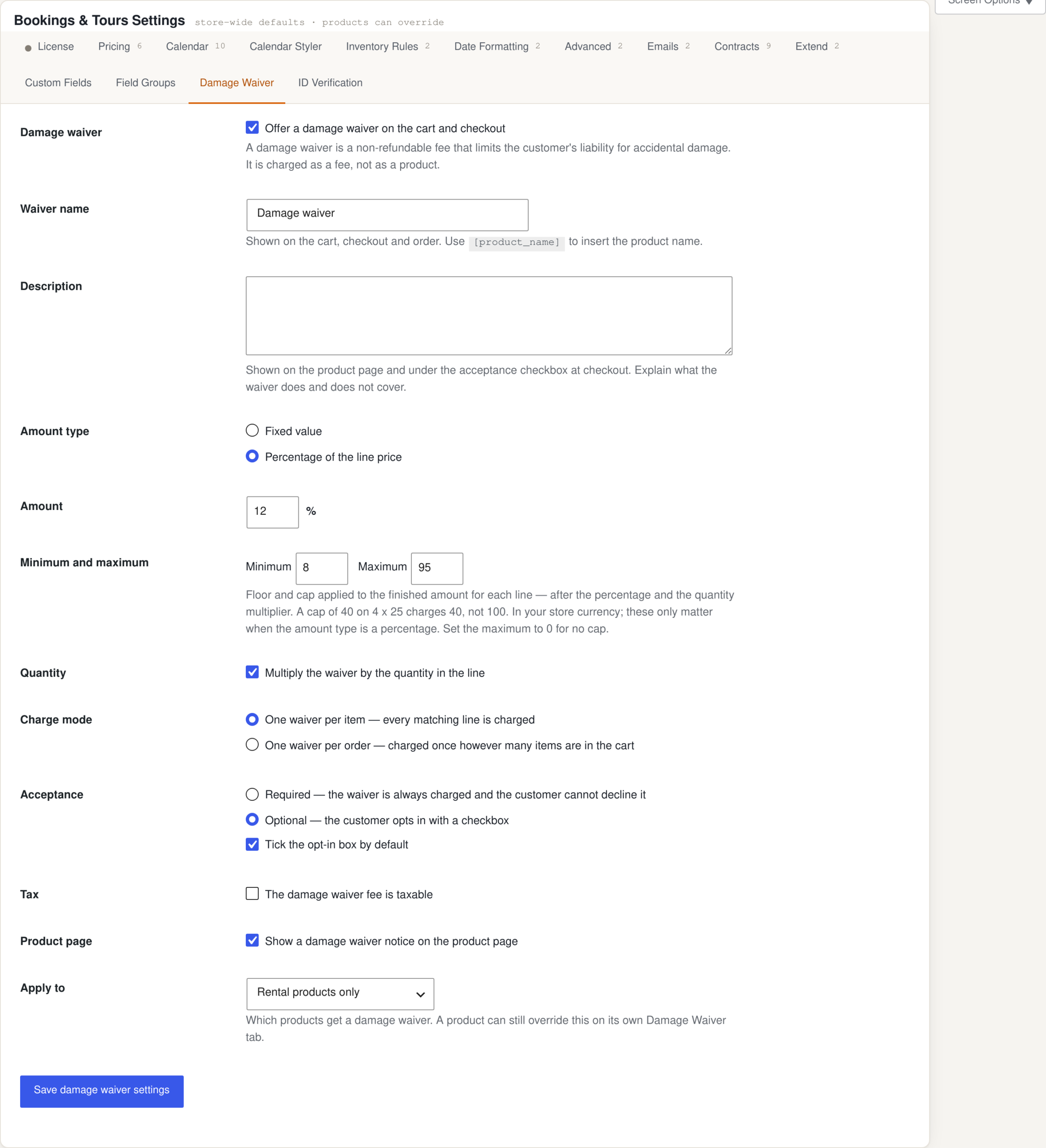 Damage waiver settings for a rental store: percentage of the line price, minimum and maximum, charged per item or per order, required or optional