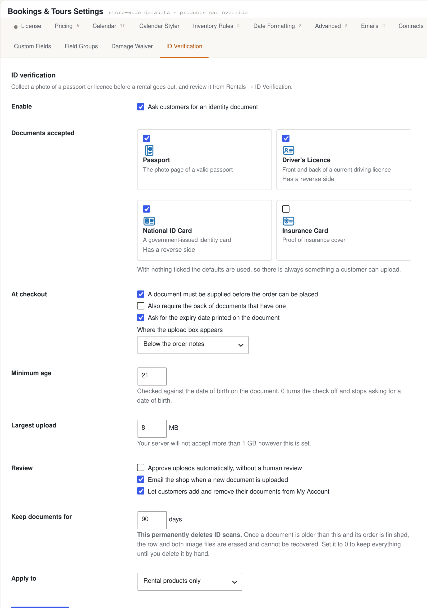 ID verification settings for a rental store: accepted document types, required at checkout, a minimum age and a retention period