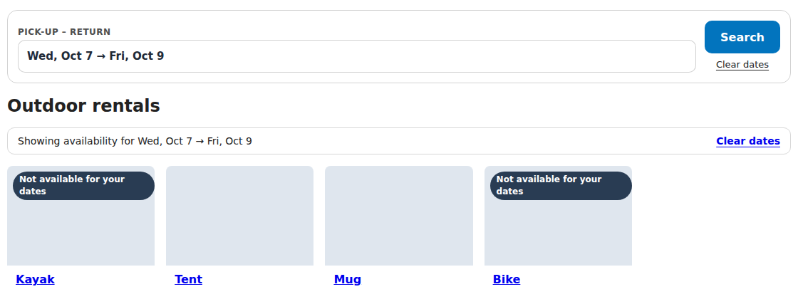 Collection page after a date search with a bar showing availability for Wed Oct 7 to Fri Oct 9 and Clear dates, and two of four product cards badged Not available for your dates