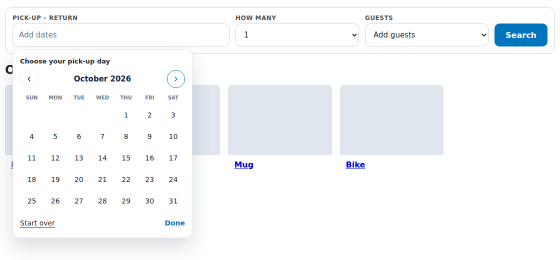 Rental search block on a storefront with Pick-up and return, How many and Guests fields and a Search button, and its calendar open on October 2026 with Choose your pick-up day