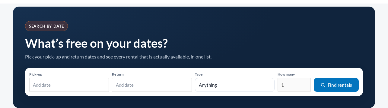 The rental date search on a store home page: Pick-up, Return, Type and How many fields with a Find rentals button, on a dark banner