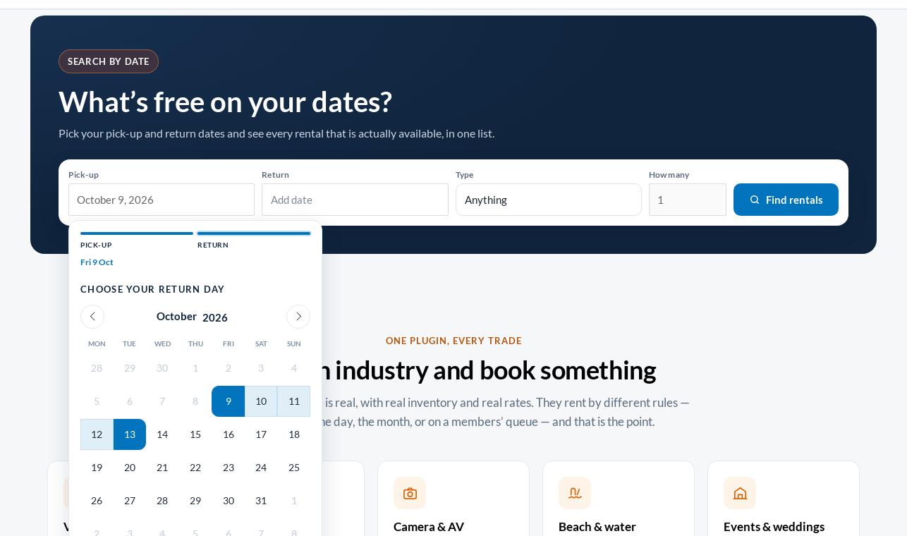 The search's date panel open under the Pick-up field, with 9 October chosen and the stay to 13 October shaded while the return day is being picked