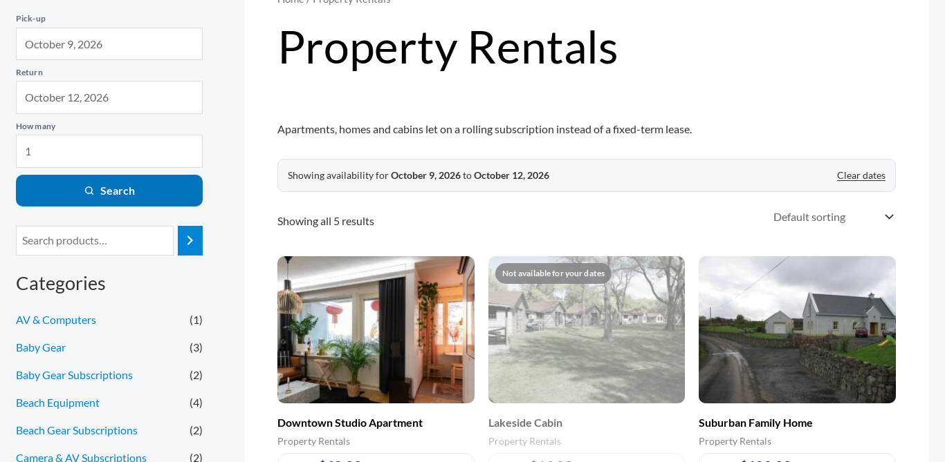 A product category page after a search: a bar reading Showing availability for October 9 to October 12 with a Clear dates link, and a cabin that is booked out greyed with a Not available for your dates label