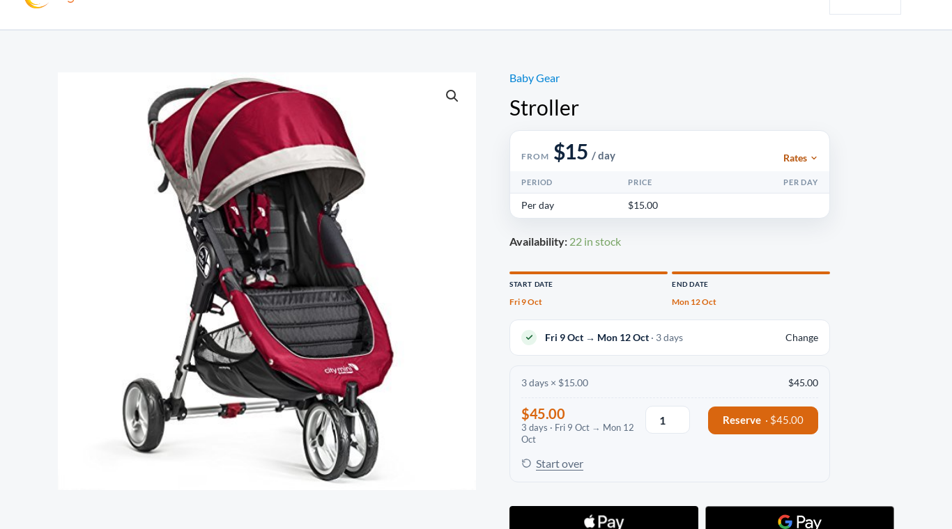 A stroller product page opened after a search, with Friday 9 to Monday 12 October already chosen and the 45 dollar total ready to reserve