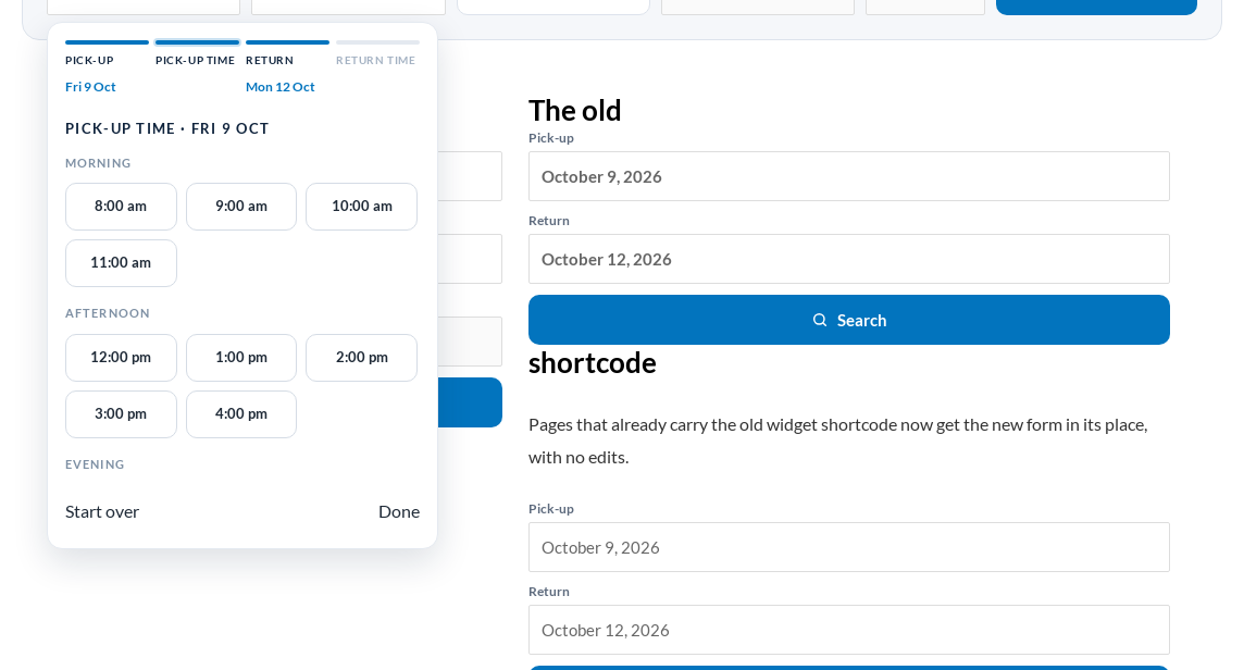 The time step of the search panel: pick-up time slots for Friday 9 October grouped into Morning and Afternoon, with Start over and Done at the bottom