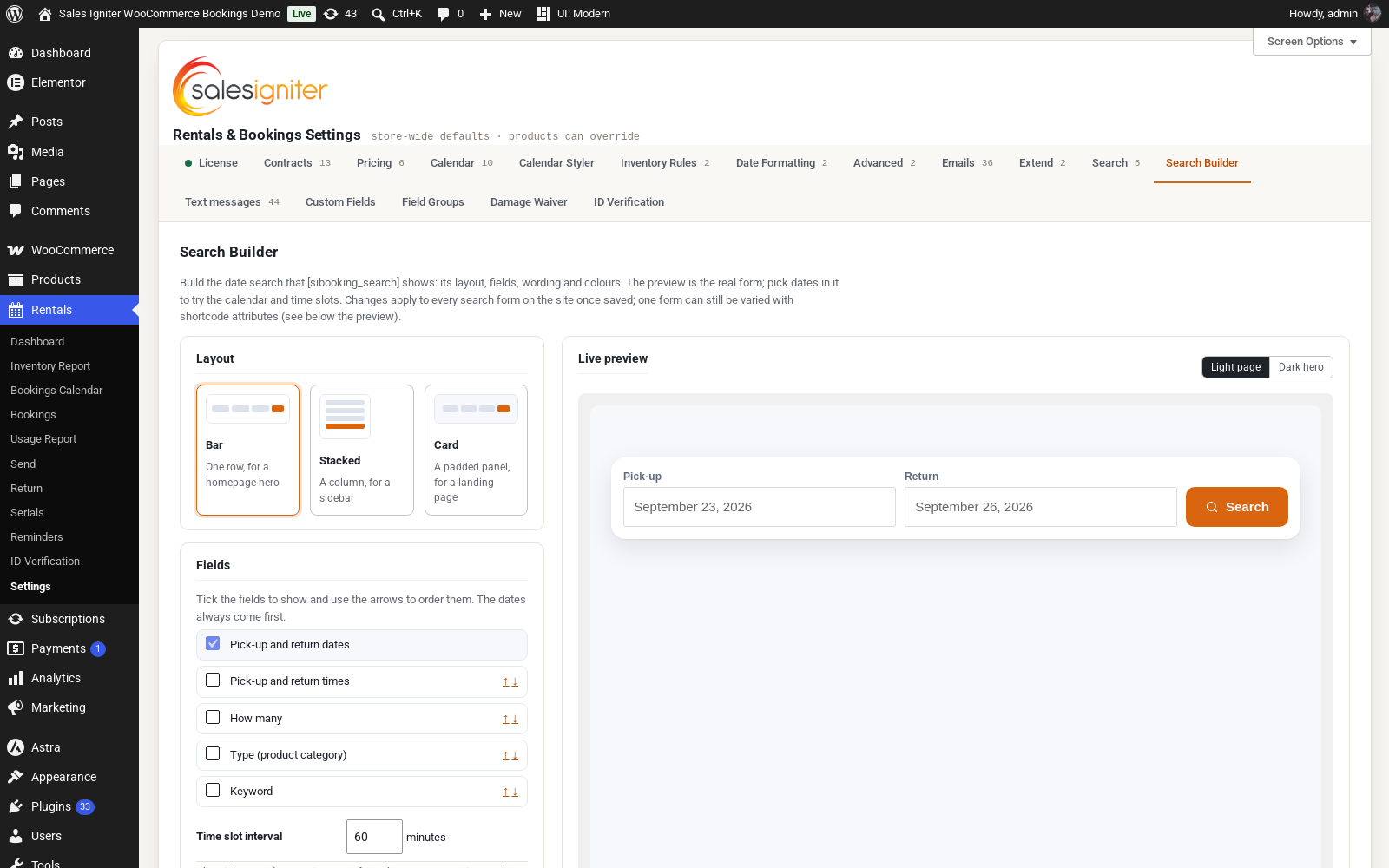 The Search Builder tab in Rentals Settings, with layout, fields and products settings on the left and a live preview of the search form on the right