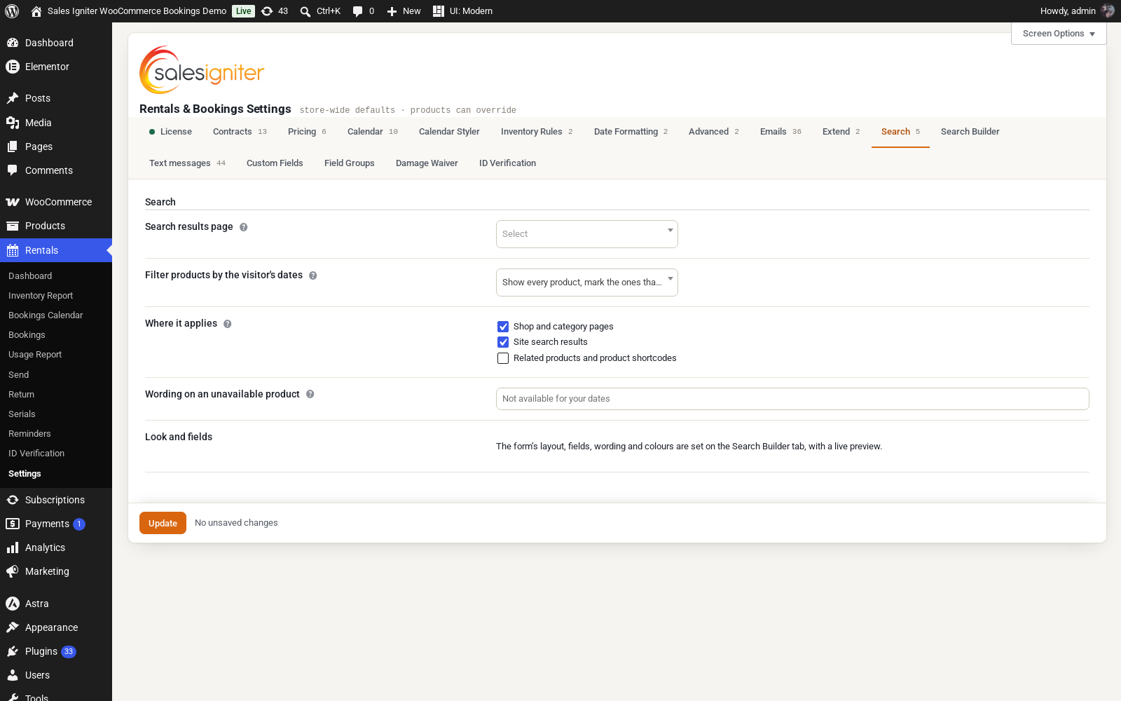 The Search tab in Rentals Settings with the Search results page, Filter products by the visitor's dates, Where it applies and Wording on an unavailable product settings