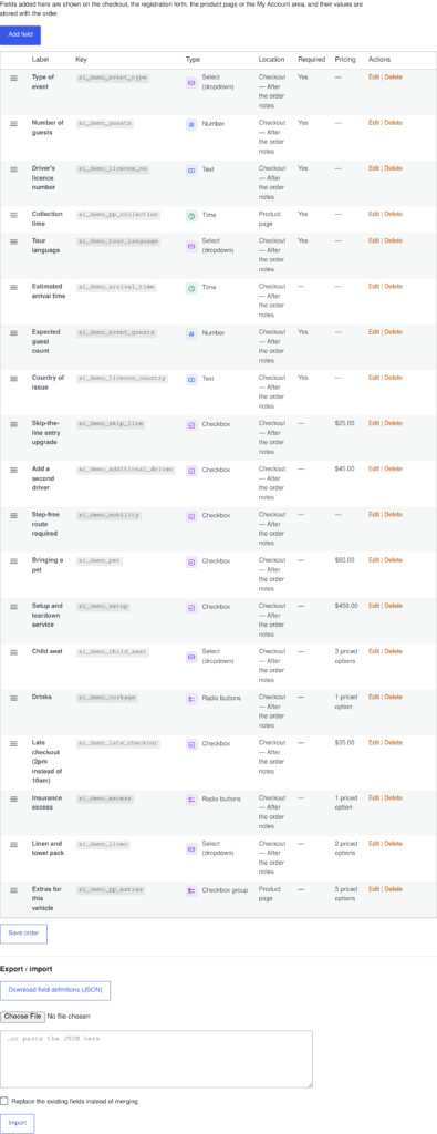 The Custom Fields settings tab in WooCommerce, listing every custom field with its type icon, location, required flag and pricing