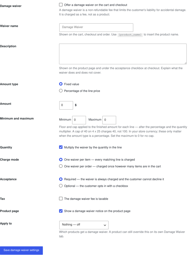 The Damage Waiver settings tab for WooCommerce rentals, setting a fixed or percentage fee and which products it applies to