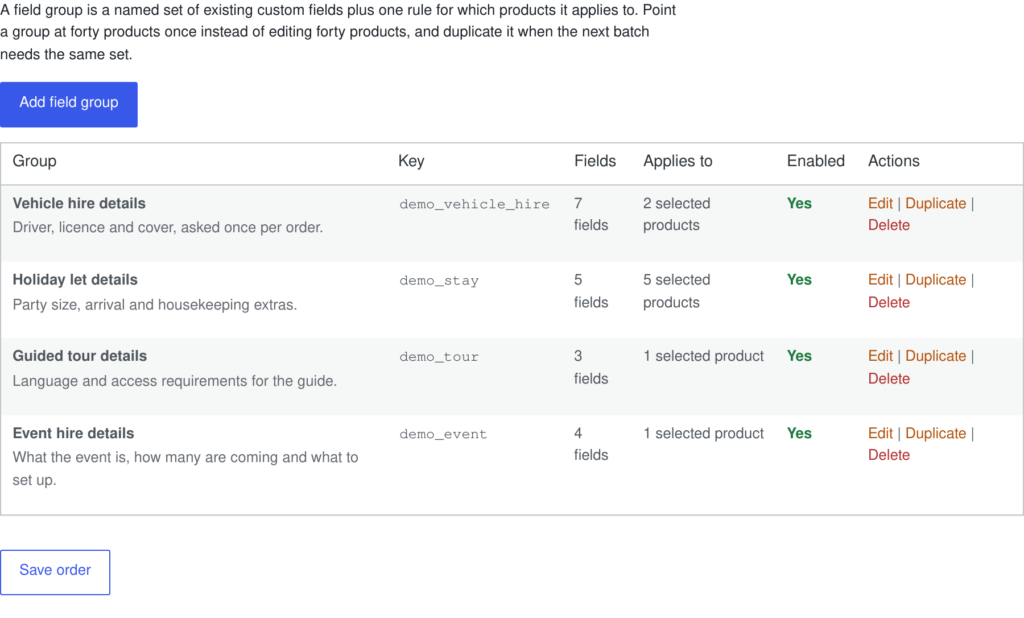 The Field Groups settings tab, listing reusable sets of WooCommerce custom fields and the products each applies to