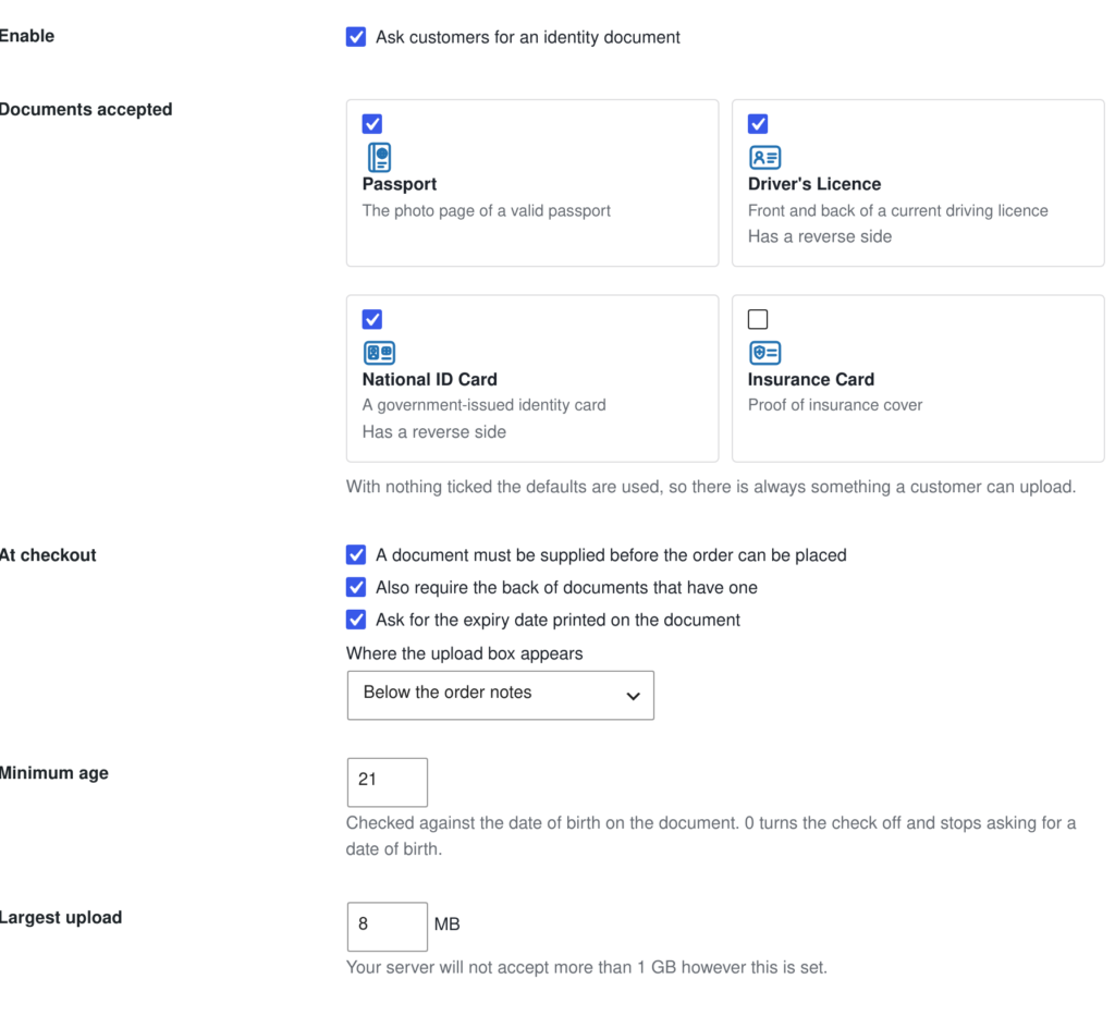 The ID verification settings tab, choosing which identity documents customers may upload and whether they are required