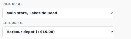 The product page with Pick up at set to Main store, Lakeside Road and Return to set to Harbour depot with a fee of 15.00 dollars shown next to it