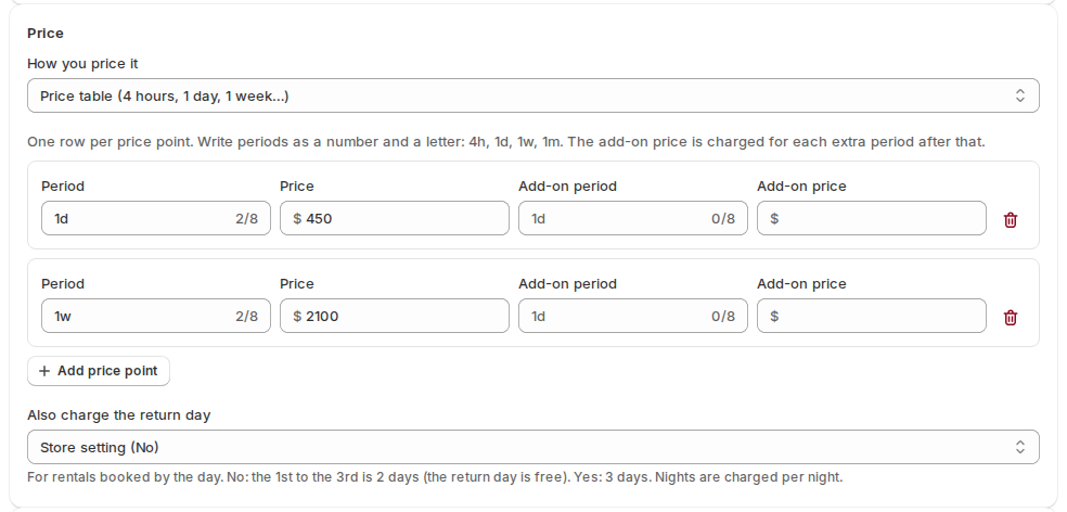 The Price section of a product with a price table of 1 day at 450 and 1 week at 2100, and Also charge the return day set to Store setting (No)