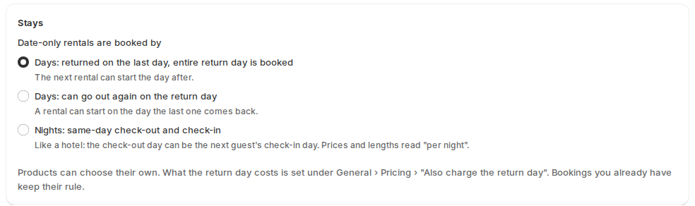 The Stays card at the top of Settings Rules, with the three choices of Date-only rentals are booked by and Days: returned on the last day, entire return day is booked chosen