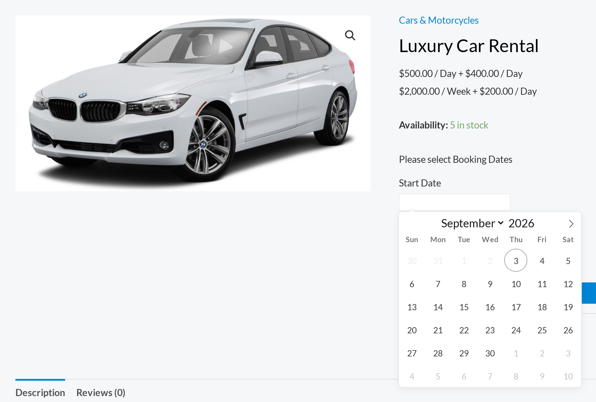 Public car rental product page on the Sales Igniter demo store, showing daily and weekly rates, live stock and an open booking calendar for choosing rental dates