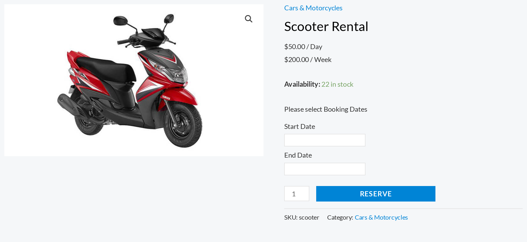 Scooter rental product page on the Sales Igniter demo store: a Yamaha scooter at $50 per day or $200 per week with booking date pickers and live stock availability