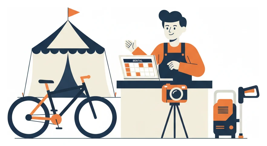 A rental business owner at a counter with a booking calendar on a laptop, beside a bike, a camera, a tent and a pressure washer