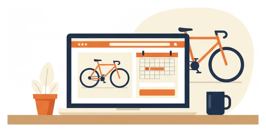 A laptop showing a WooCommerce rental store page with a bicycle, a booking calendar and a book button
