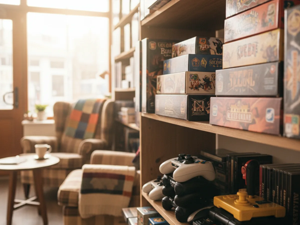 Board games and game controllers on a shop shelf
