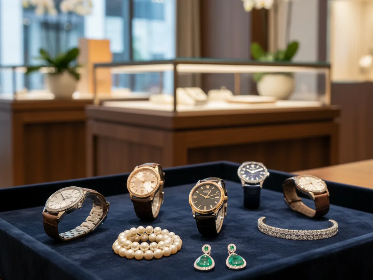 Luxury watches and jewellery on a display tray