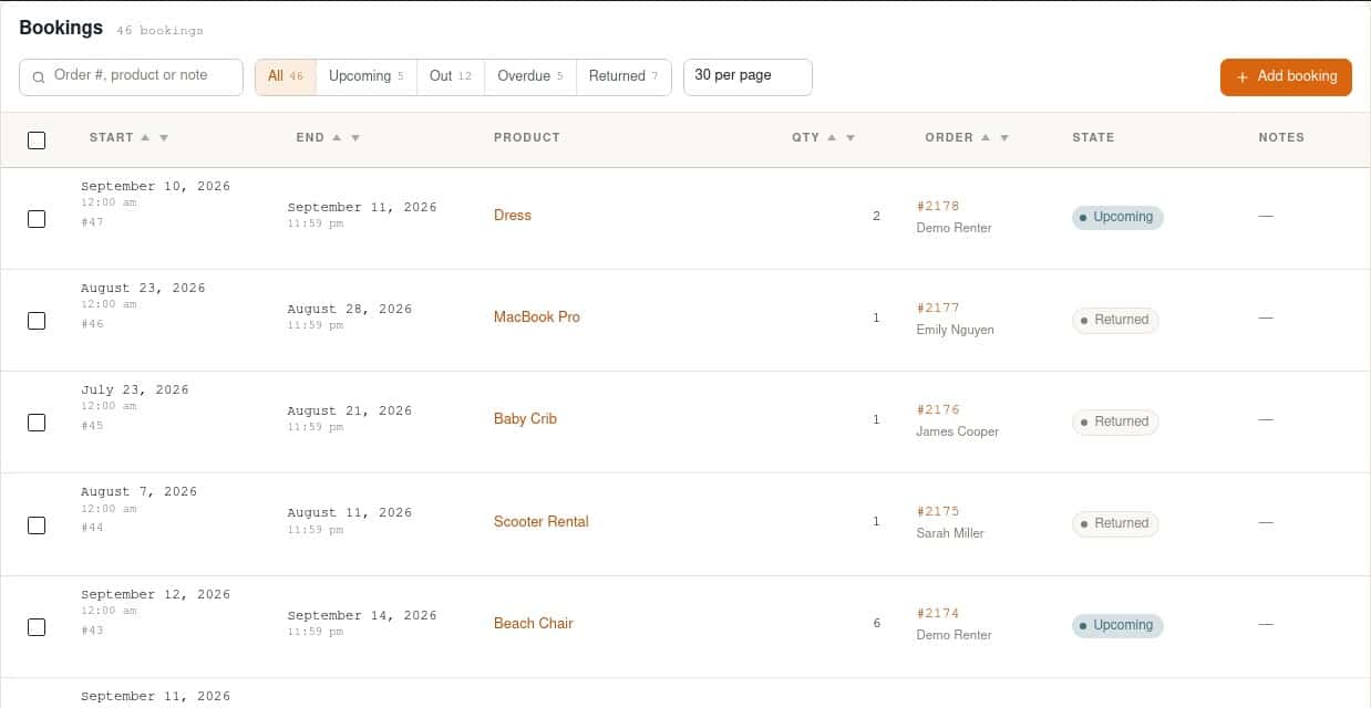Bookings list filtered by Upcoming, Out, Overdue and Returned, with start, end, product, quantity, order and state columns