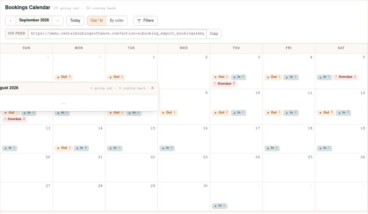 Bookings calendar month view with Out and In unit counts on each day and a popover listing the orders for a selected day