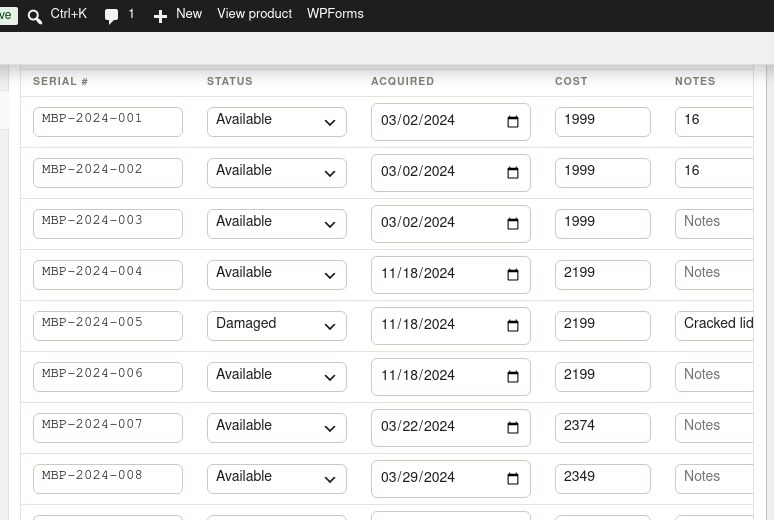 Serials editor under the Use Serial Tracking toggle on the WooCommerce product edit page, with serial number, status, acquired date, cost and notes columns