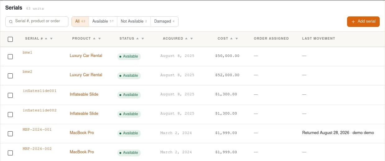 Serials list in the Rentals admin with product, code, status, cost and last movement columns