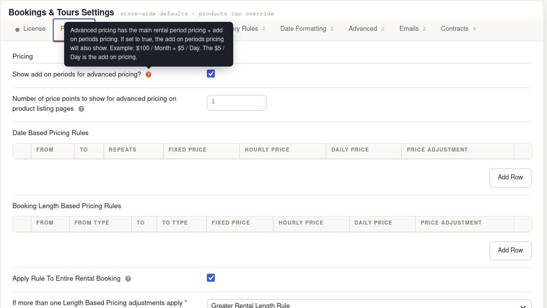 Bookings and Tours settings page with License, Pricing, Rules, Date Formatting, Advanced, Emails and Contracts tabs, a sticky Update bar and a field tooltip open