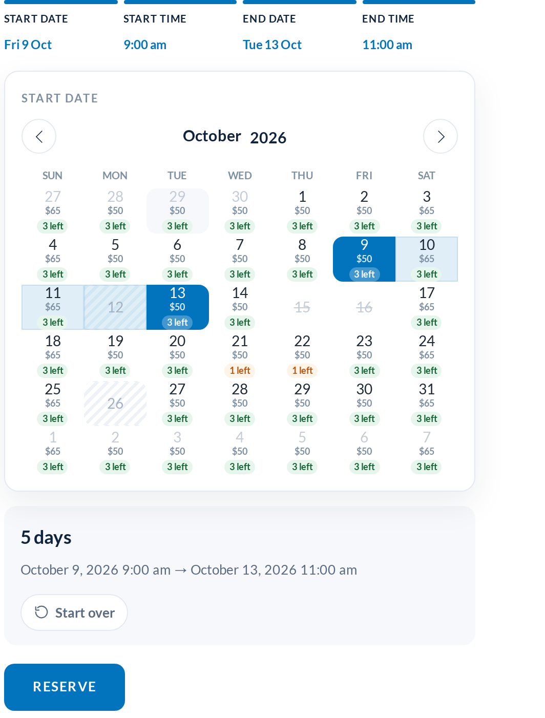 The In Line Range Picker after all four steps: legend filled in, range highlighted, booking summary with Start over