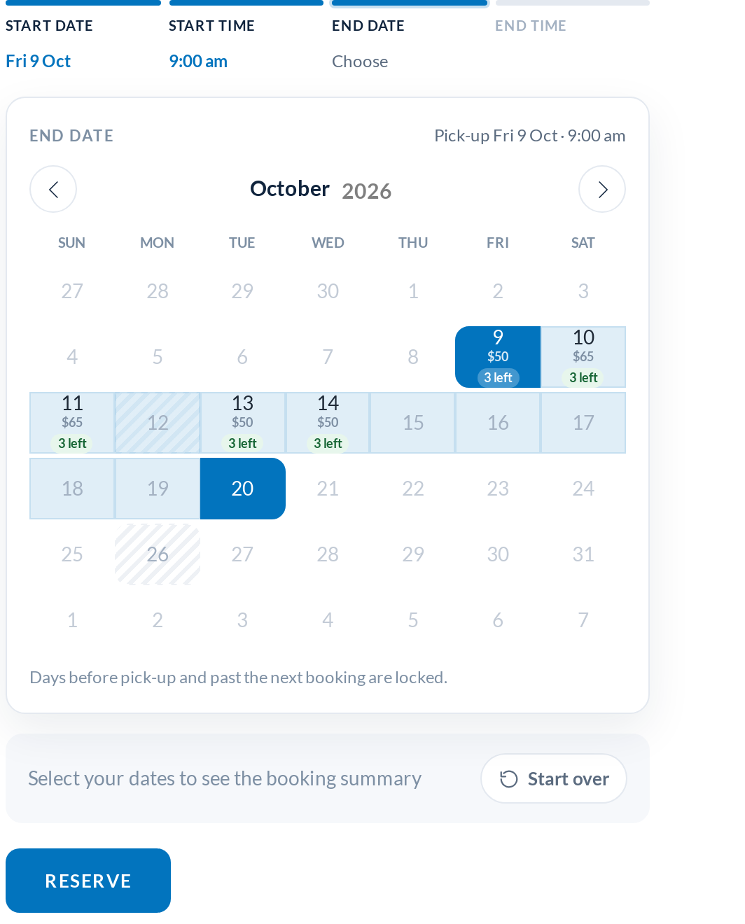 Choosing the return date: the rental runs through a closed day, sold-out days cap the calendar, prices and units left in every cell