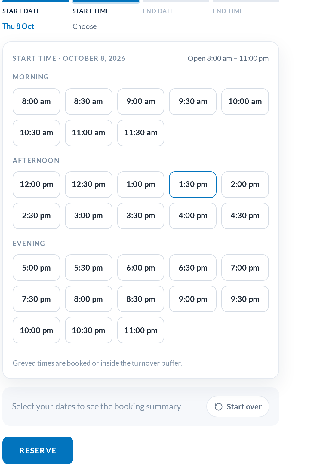 Pick-up time slots grouped by morning, afternoon and evening, with the hours already booked greyed out