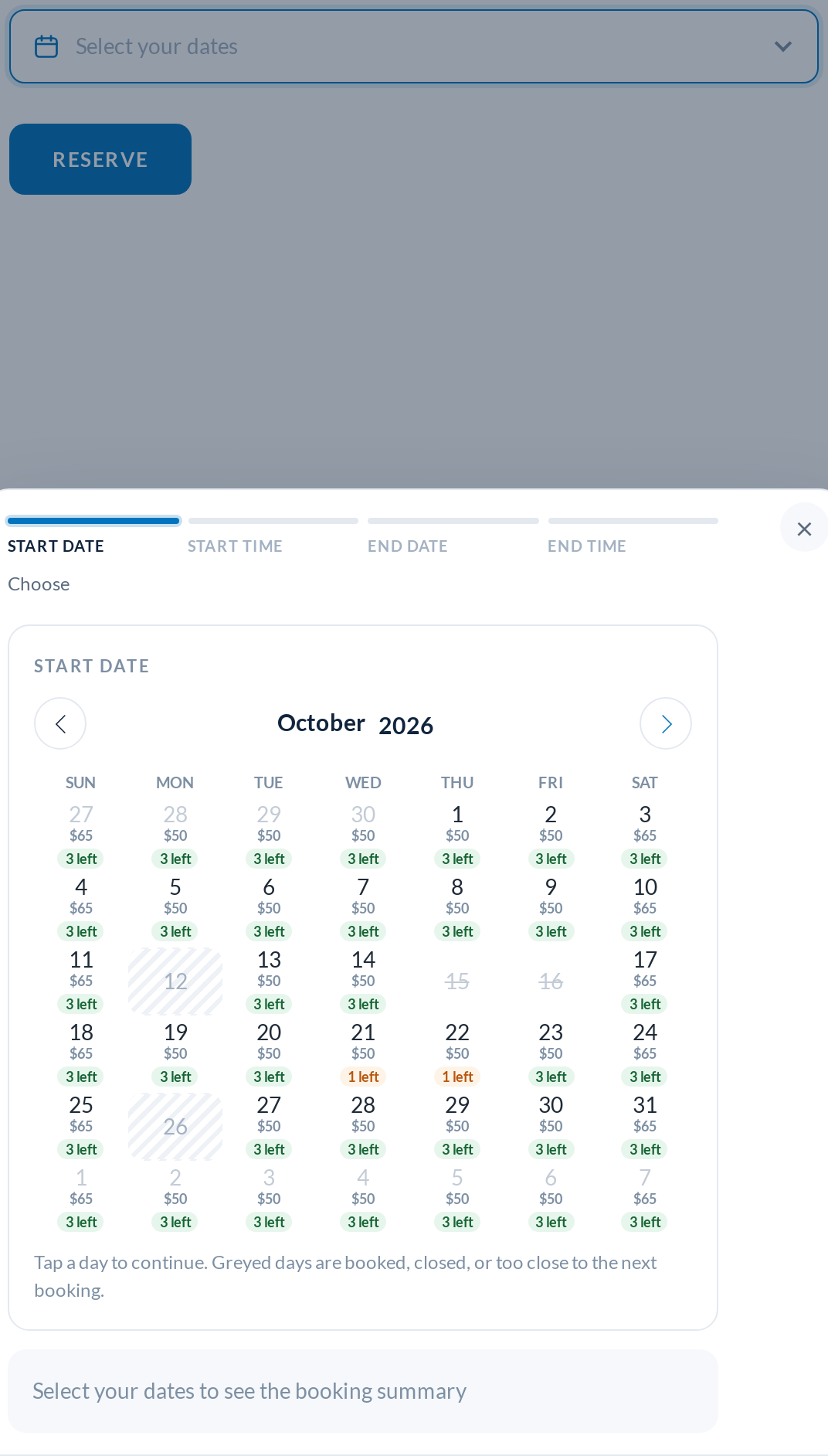 The Popup Range Picker opened from the Select your dates field
