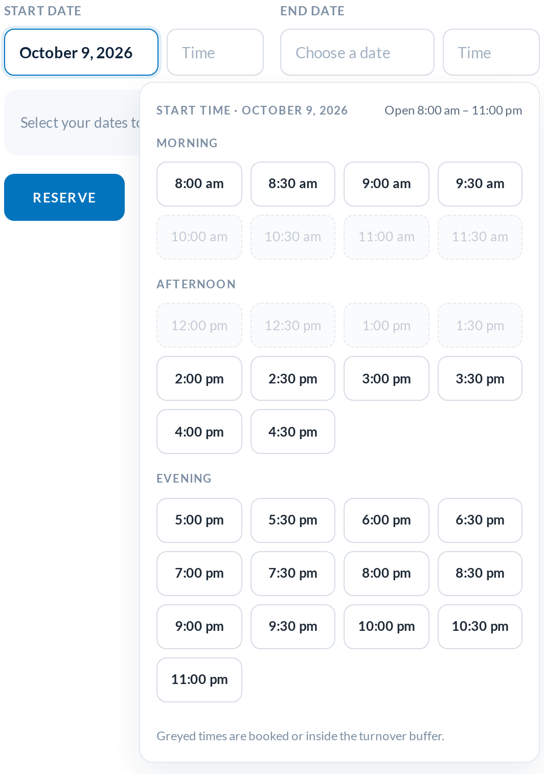 Separate Date Pickers: start and end fields with popup calendars and the time slot grid