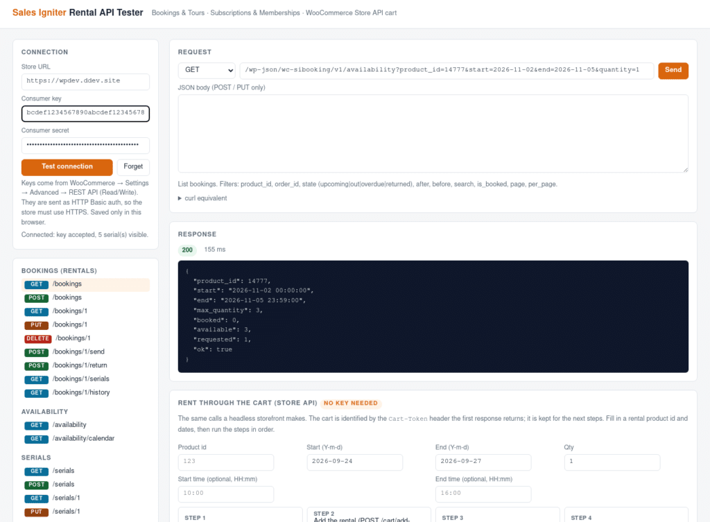 The REST API tester page: connection settings, endpoint list, a request editor and the JSON response