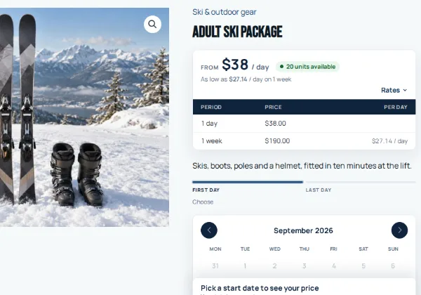 An adult ski package product page on the ski rental demo, with daily and weekly rates