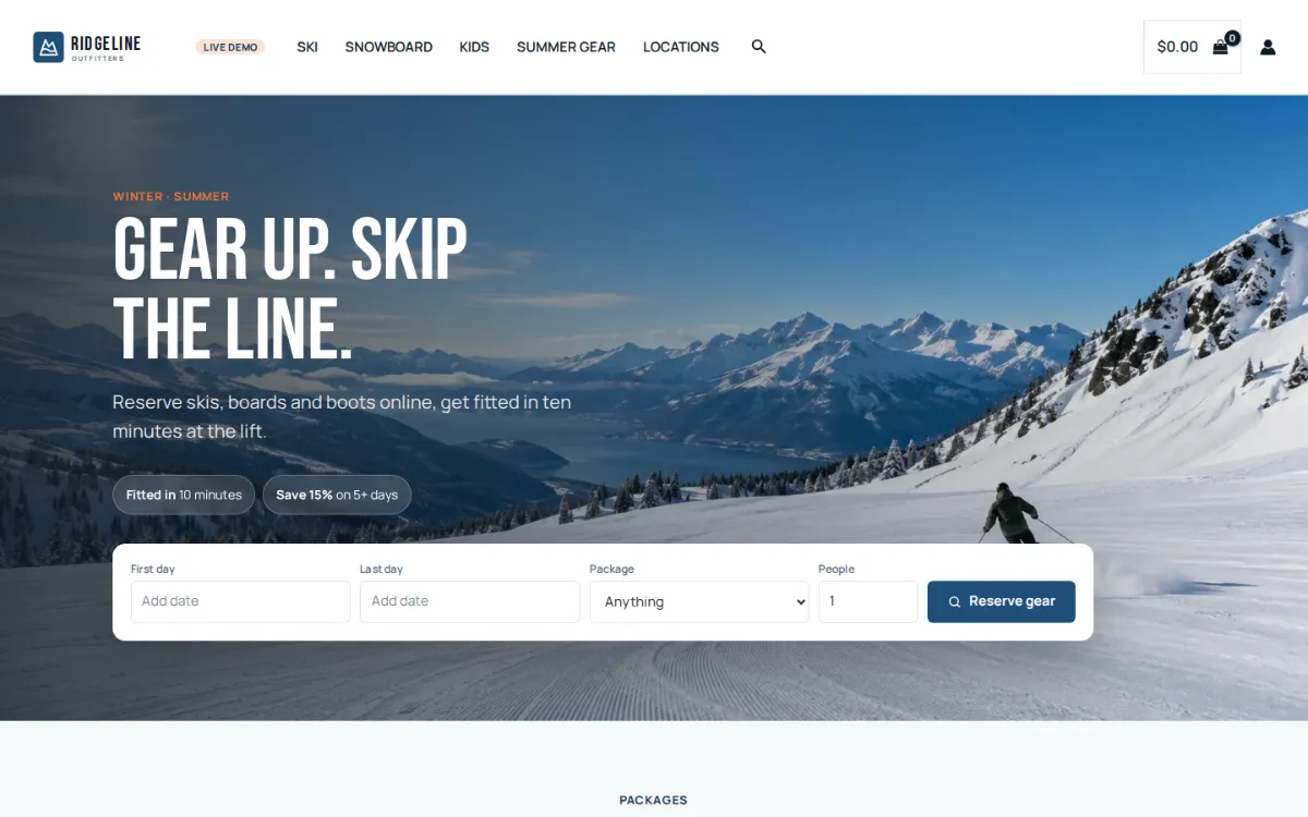 Ski rental software on the live demo: the Ridgeline Outfitters homepage with a first day, last day, package and people search