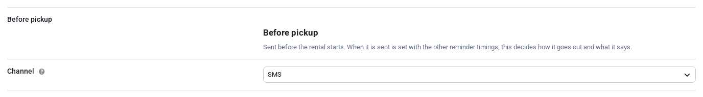 The Before pickup block on the Text messages tab, with its Channel set to SMS