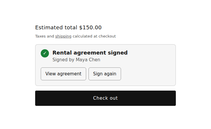 The cart with the rental agreement signed by the customer, above the Check out button