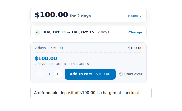 A rental card for two days with a note that a refundable deposit of $100 is charged at checkout